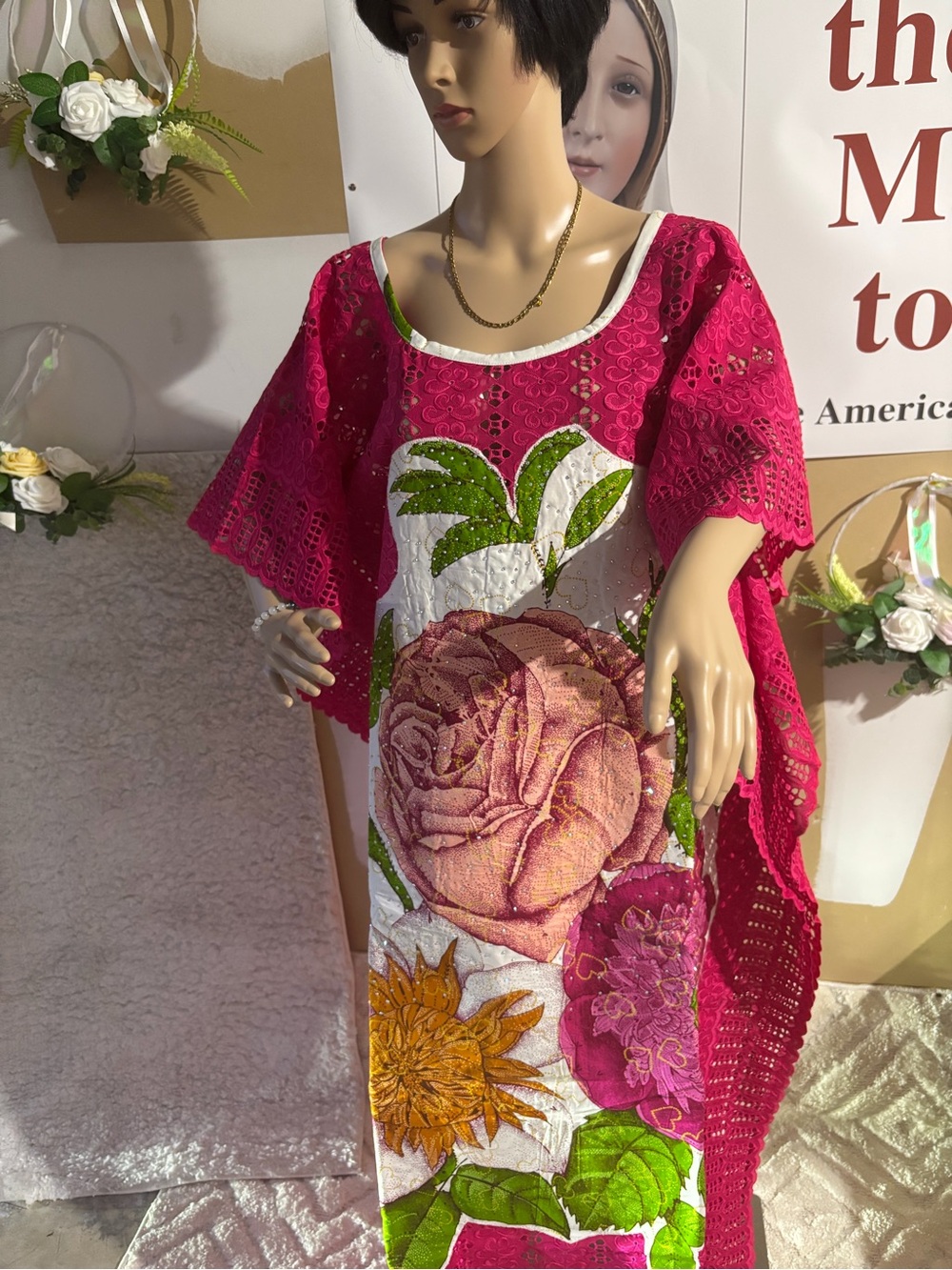 Bright Pink Floral Embroidered Maxi Dress with Lace Sleeves